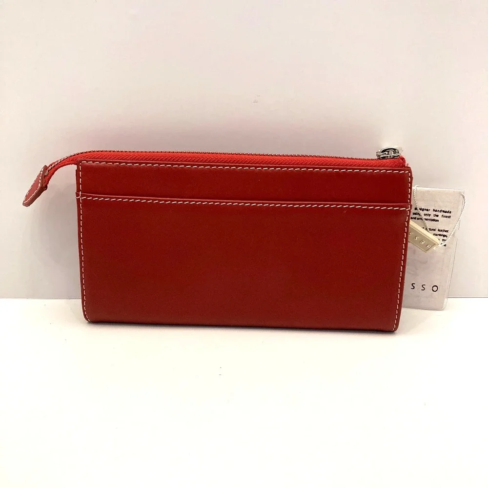 NWT Besso Red‎ Leather Wallet Double Clasp Pockets Zip Top Contrast Stitching